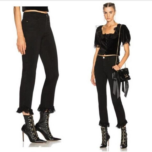 Frame Black Le High Straight Asymmetrical Fringe Hem Cropped Jeans Women’s Sz 24 - Picture 1 of 12